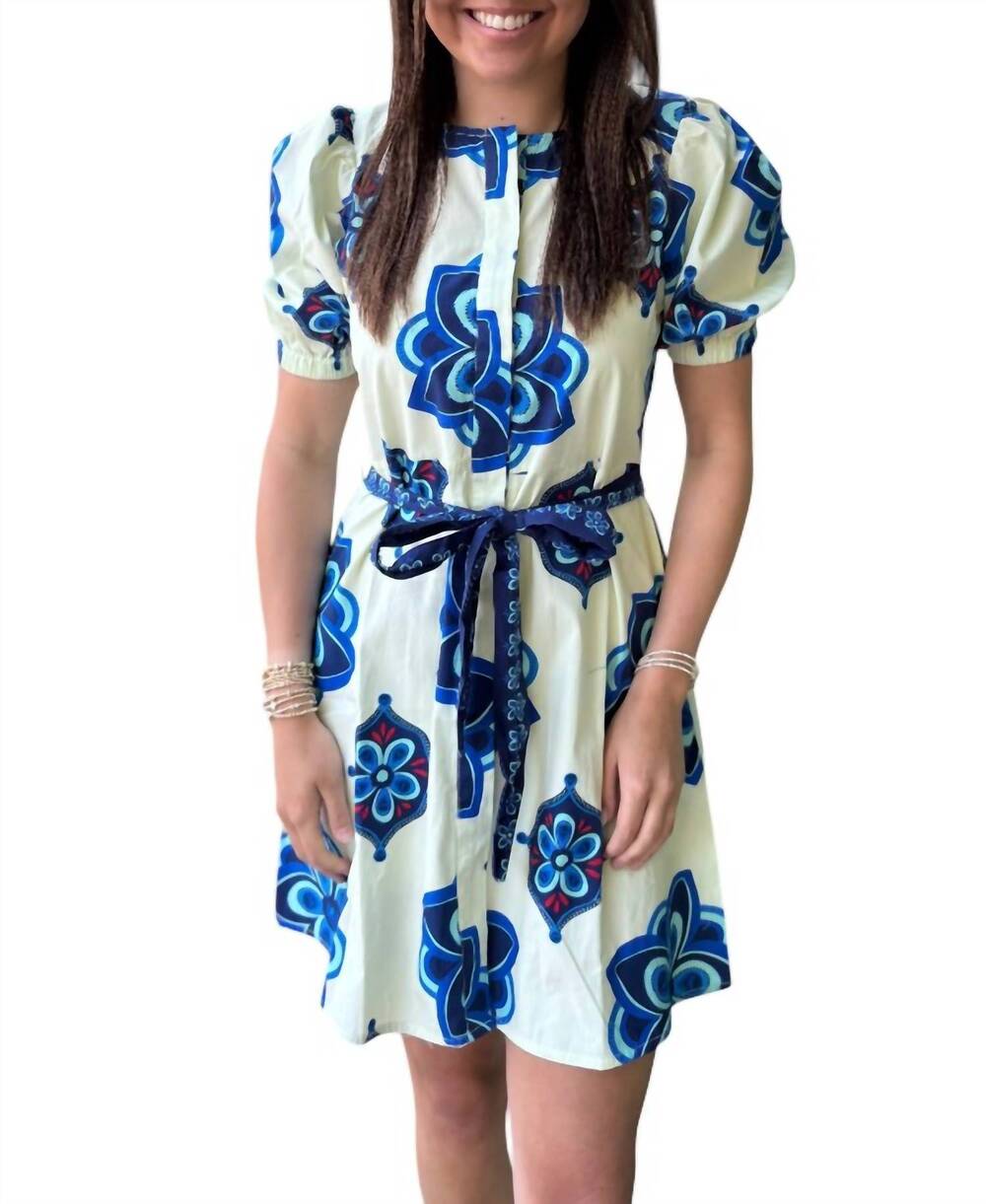 NEW MAUDE VIVANTE geometric florals mini dress in cream/ blue